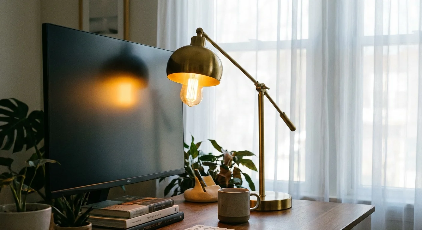 A brass desk lamp and a window with sheer curtains providing balanced office lighting.