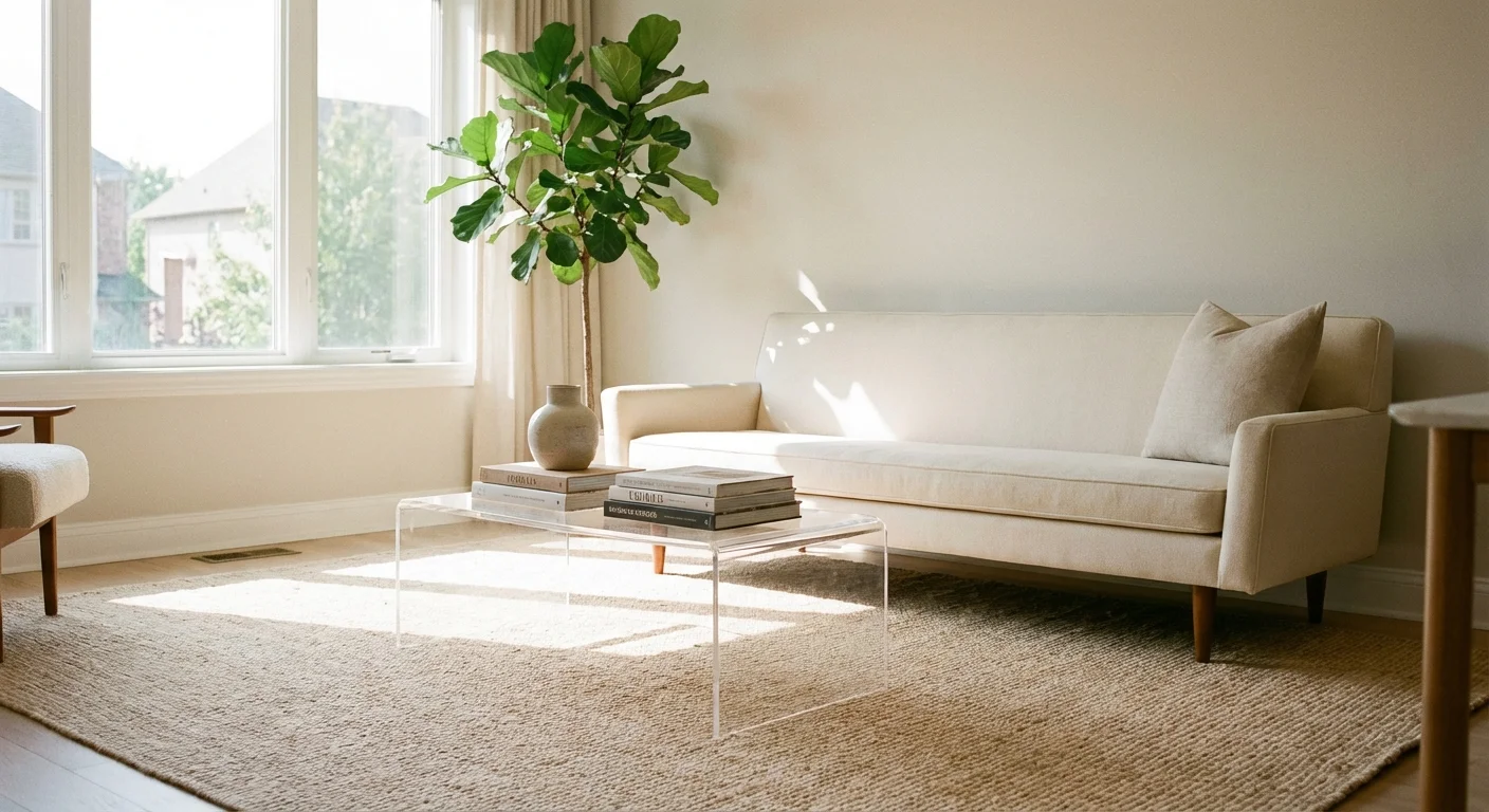 A bright, airy small living room with a cream sofa on legs and a clear coffee table to maximize space.