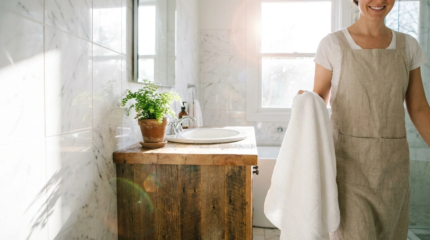 A bright, clean modern bathroom with white marble and wooden accents, symbolizing a successful deep clean.
