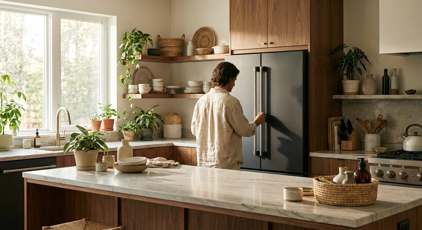 A bright, modern kitchen with a person standing by a sleek energy-efficient refrigerator in soft morning light.