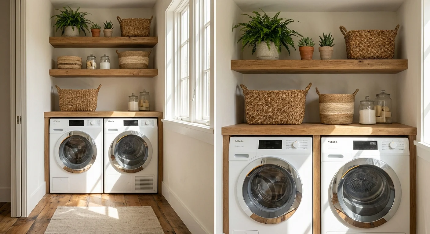 A bright, organized tiny laundry room with stacked machines and wooden shelves in a sunlit corner.