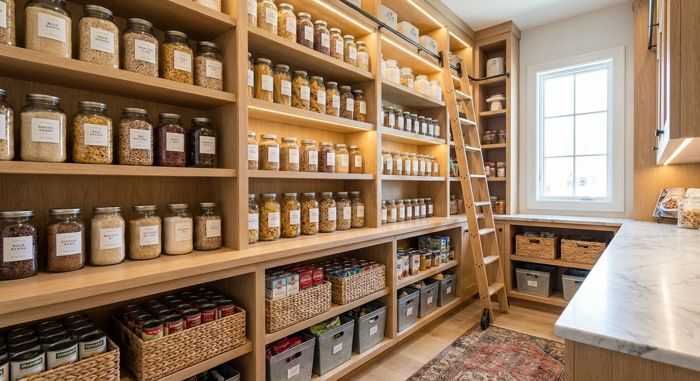 A bright walk-in pantry with clear containers and organized bulk goods.