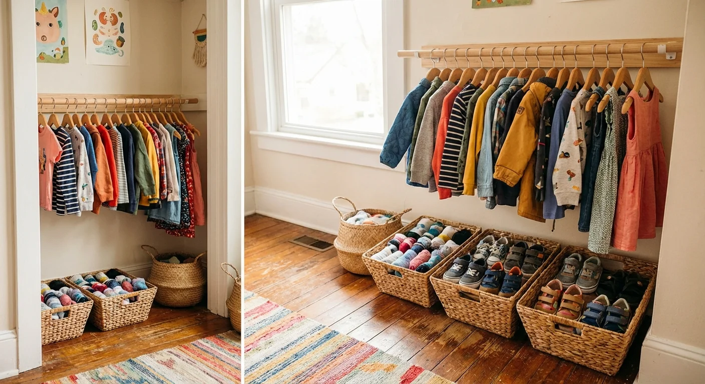 A child-friendly closet with low rods and open baskets for independent dressing.