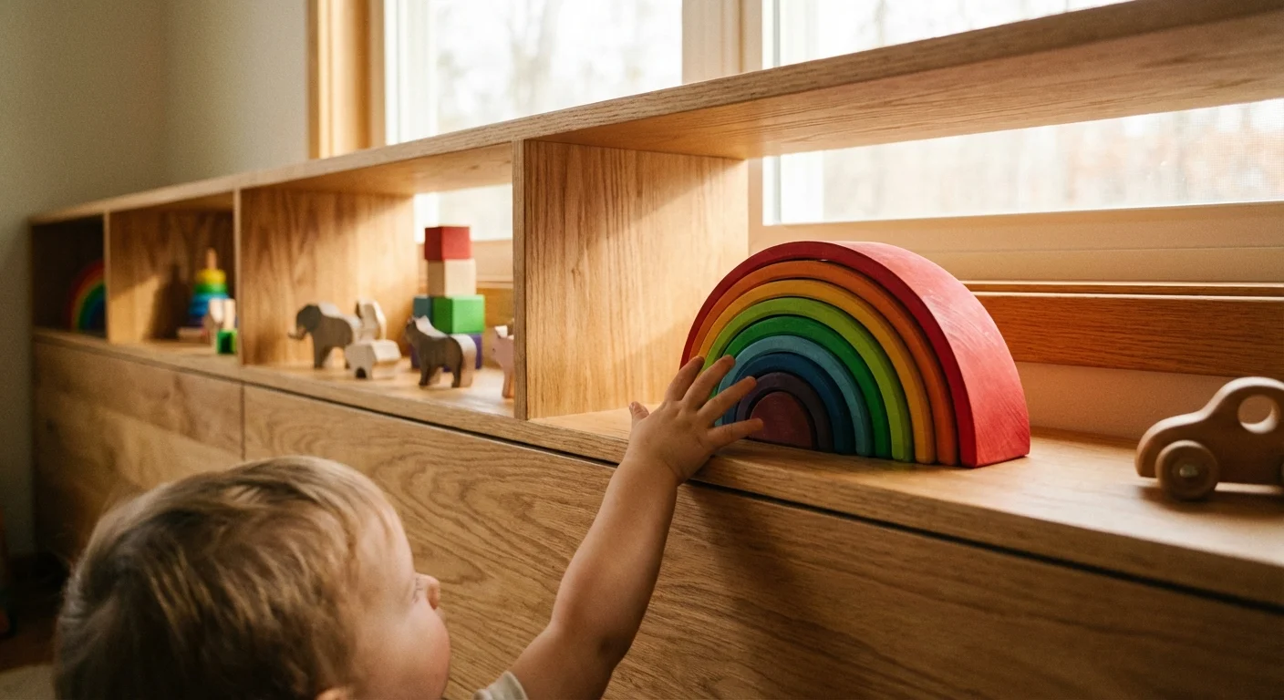 A child reaching for a toy on an open wooden shelf, demonstrating accessible organization.