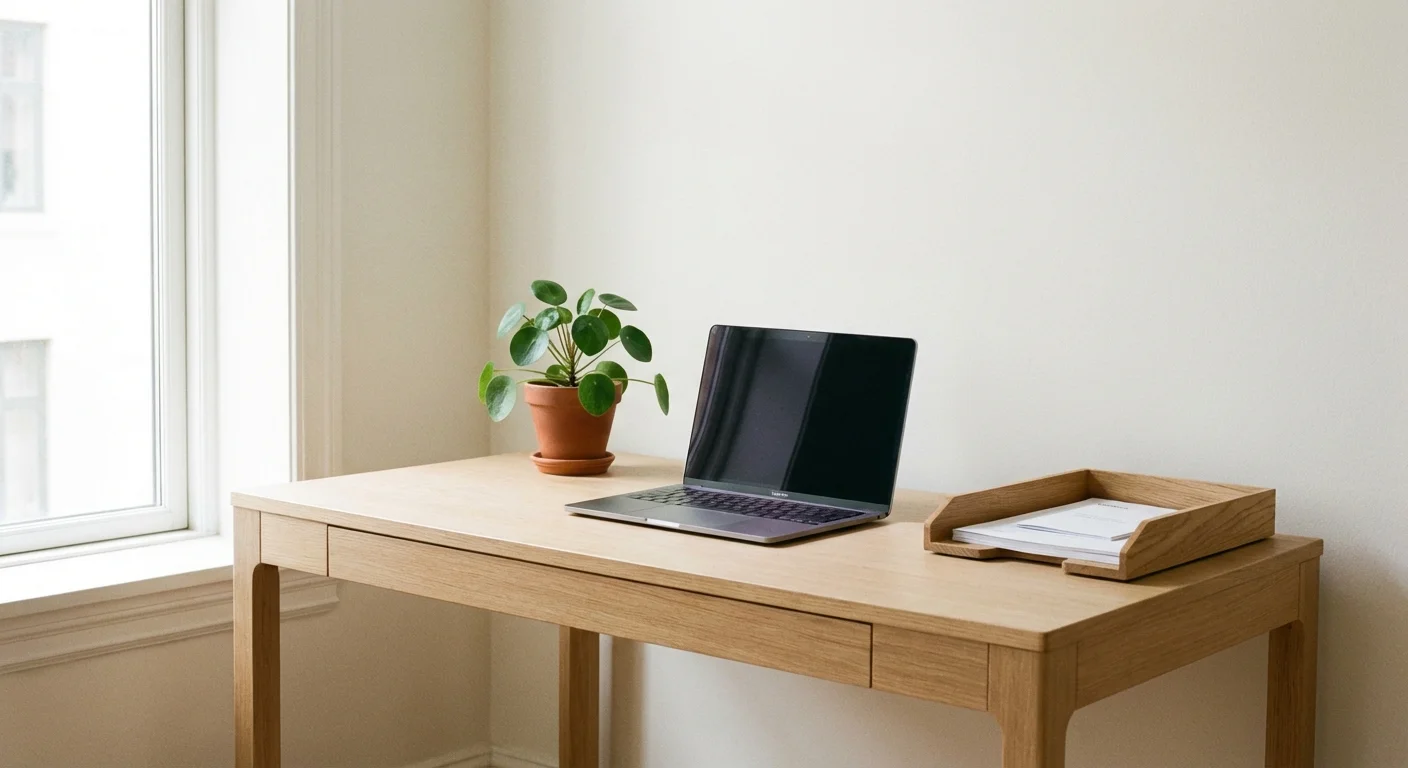 A clean and minimalist home office desk with a single paper organizer.