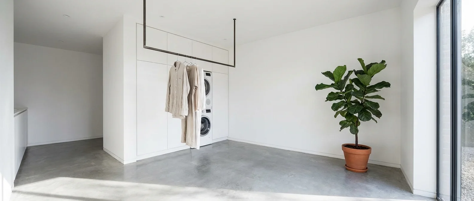 A clean and minimalist laundry room showing the benefits of decluttering.