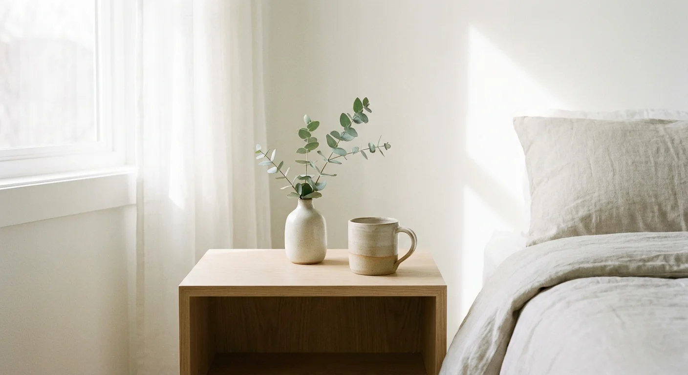 A clean and organized bedside table with a small vase of green leaves.
