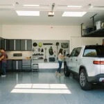 A clean and organized modern garage with grey epoxy floors and wall-mounted storage systems.