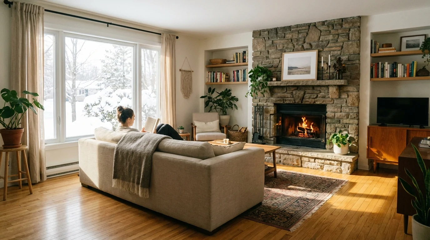 A clean, cozy living room with a fireplace and large windows in winter.