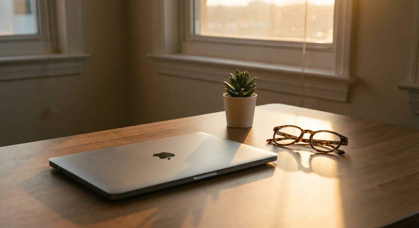 A clean, empty desk at the end of the day during golden hour.