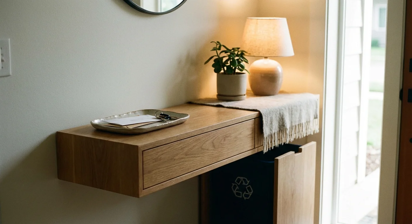 A clean entryway table with a tray for mail, showing an organized way to handle incoming paper.