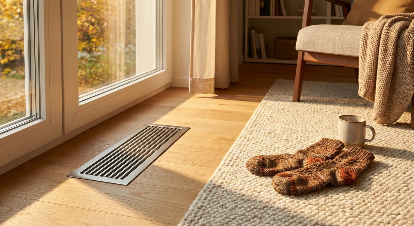 A clean floor vent in a cozy, warm room with wooden floors during autumn.