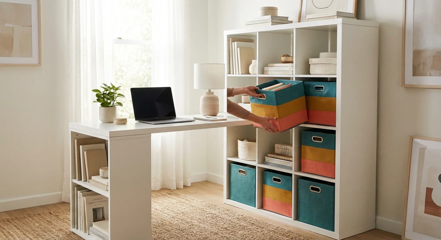 A clean home office desk integrated with a white storage unit.