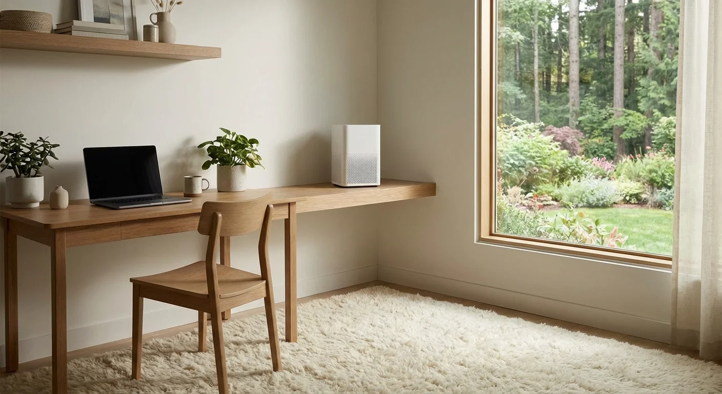 A clean home office featuring an air purifier and soft textures for comfort.