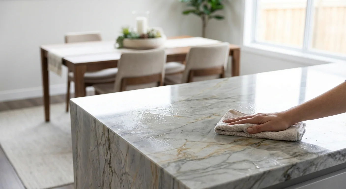 A clean kitchen island and dining area, demonstrating zone-based home organization.