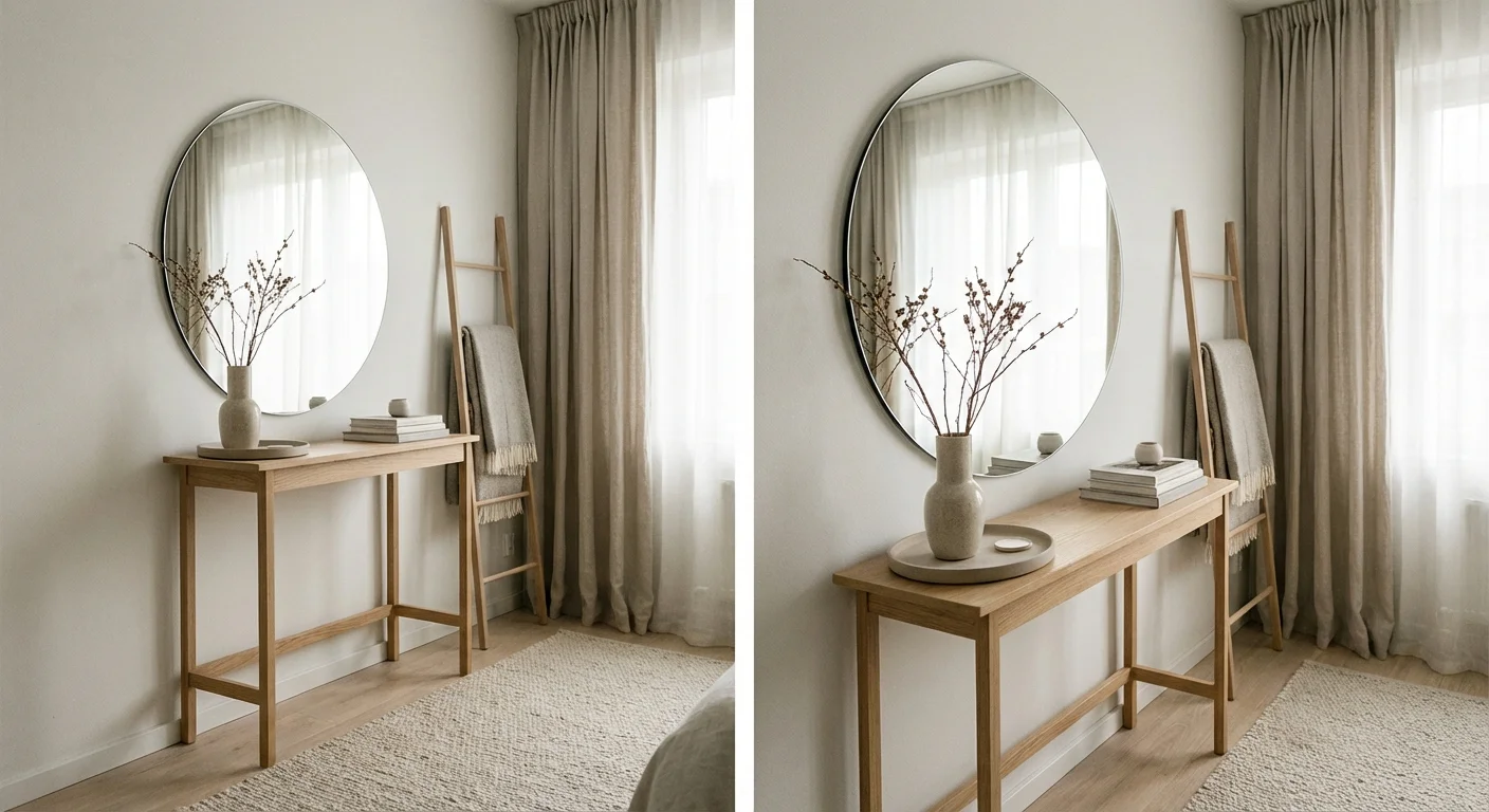 A clean, minimalist corner of a studio apartment with a mirror and slim table.
