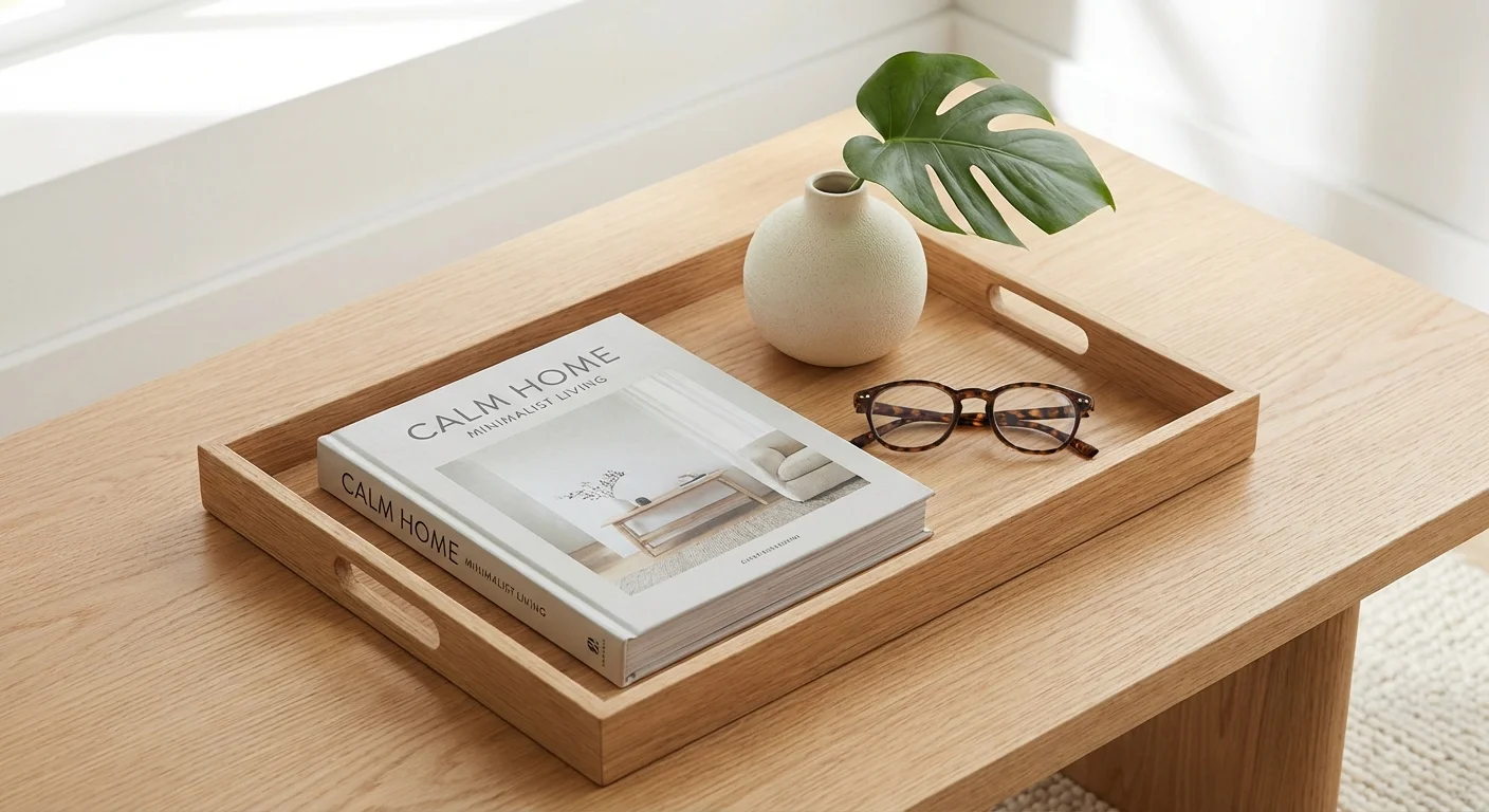 A clean, organized coffee table tray representing the core principles of small space design.