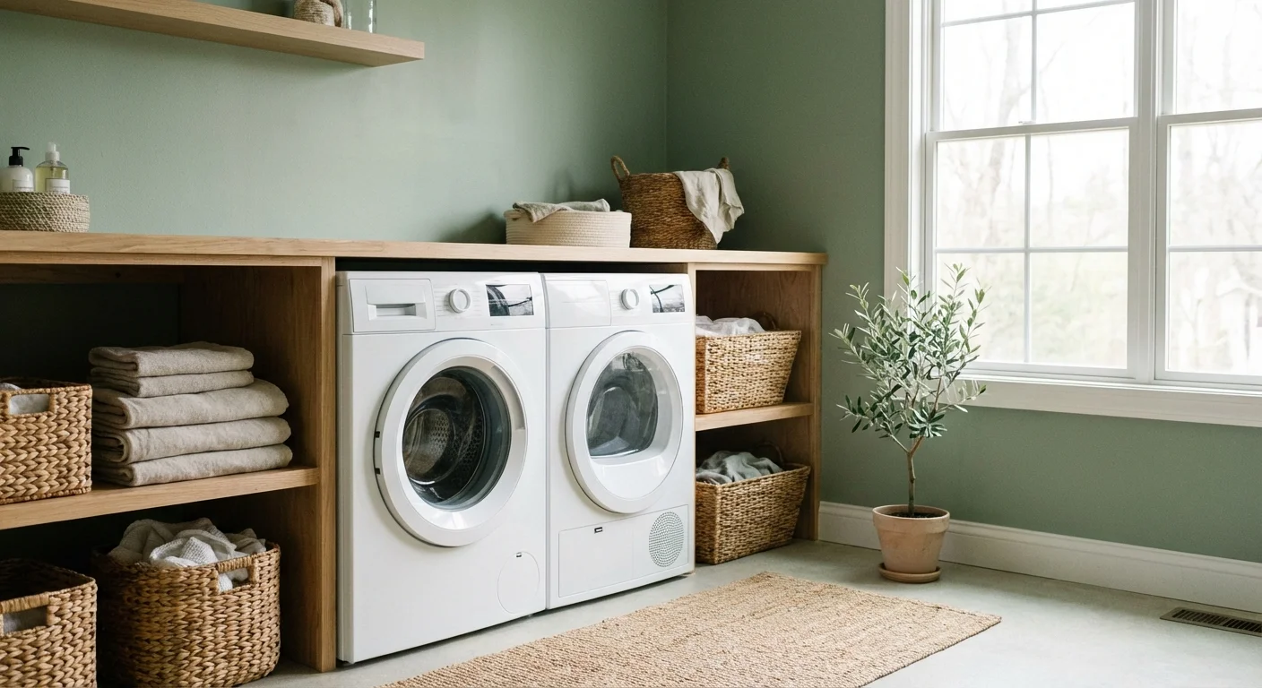 A clean, organized laundry room with modern stackable appliances and woven baskets.