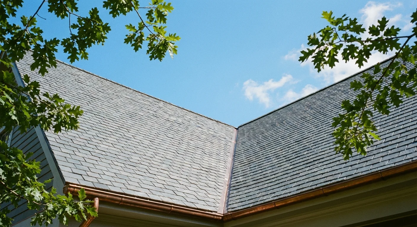 A clean, well-maintained asphalt shingle roof under a clear blue sky.