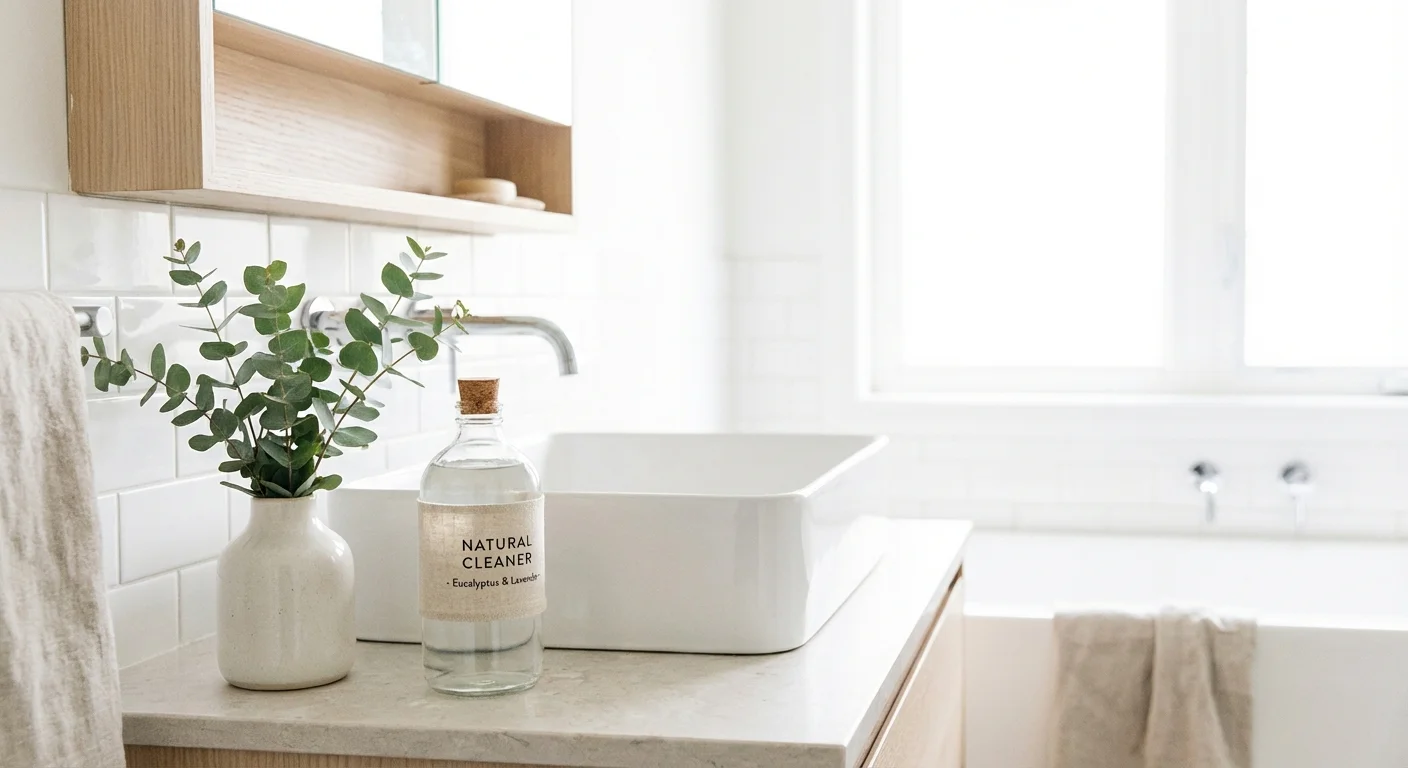 A clean white bathroom sink with a natural cleaning spray.