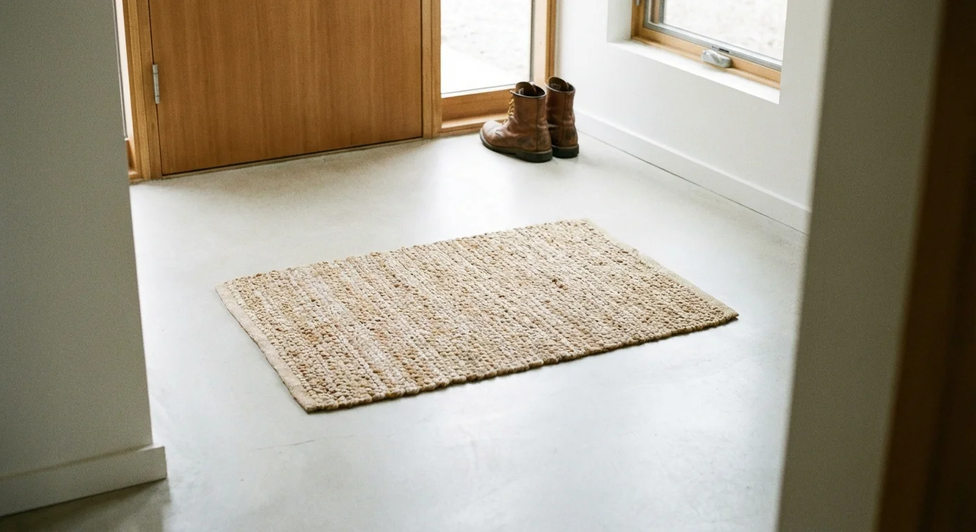 A clear, clean entryway floor with a small rug and organized shoes.