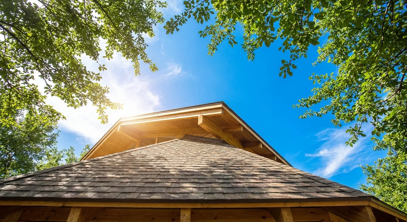 A clear view of a residential roof under a bright blue sky, framed by green leaves.