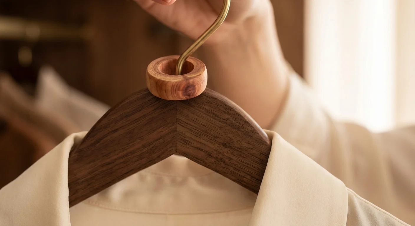 A close-up of a cedar ring on a hanger hook to prevent moth damage.