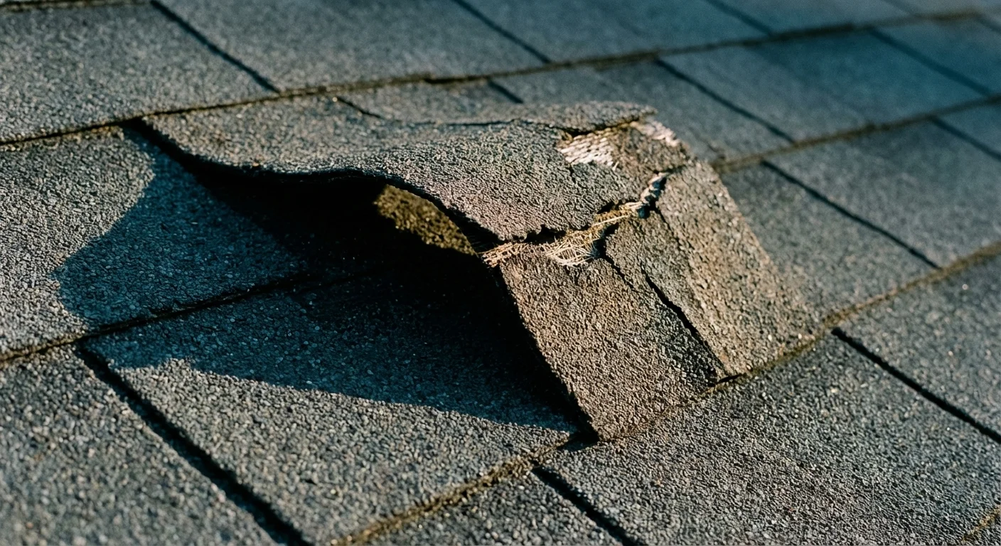 A close-up of a damaged, curling roof shingle.
