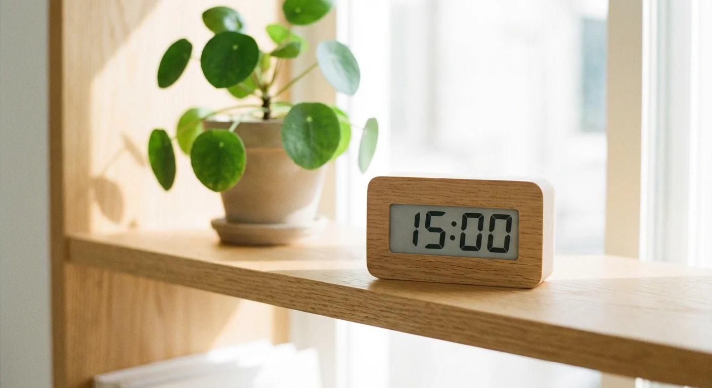 A close-up of a digital timer set to 15 minutes on a clean wooden shelf with a plant.