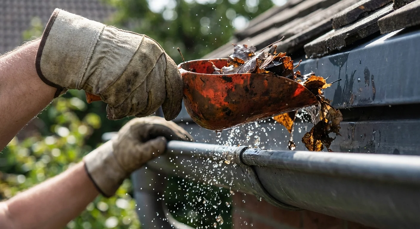 A close-up of a gloved hand using a scoop to clear debris from a residential gutter.