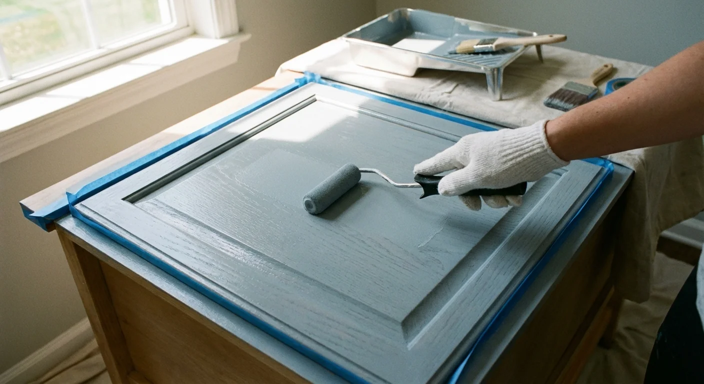 A close-up of a hand painting a bathroom vanity with a small roller and blue-gray paint.