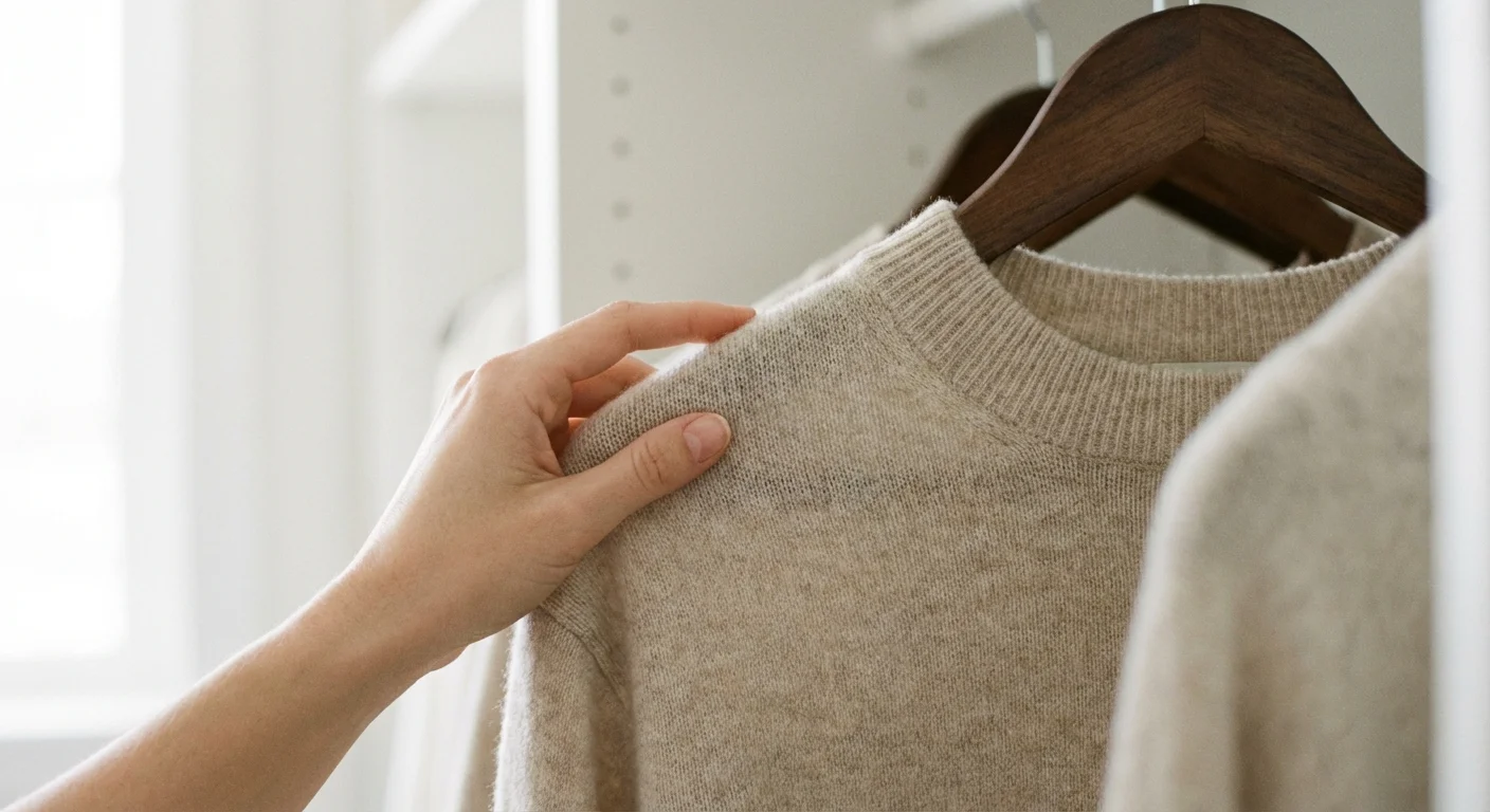 A close-up of a hand touching a sweater in a closet with plenty of space between hangers.