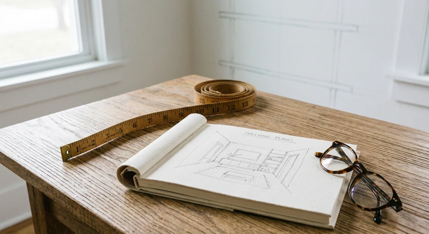 A close-up of a measuring tape and a notebook on a wooden table, symbolizing home organization planning.