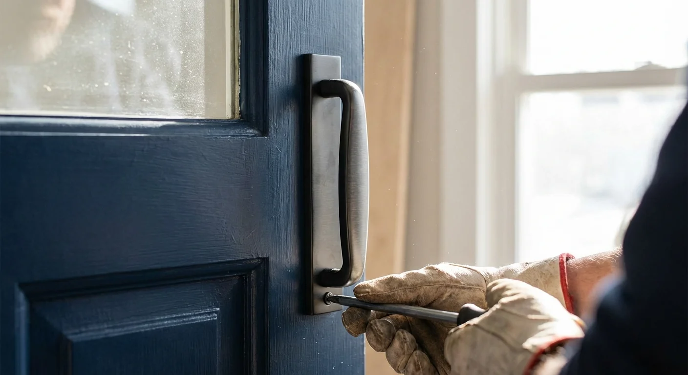 A close-up of a modern black door handle being installed on a blue door.