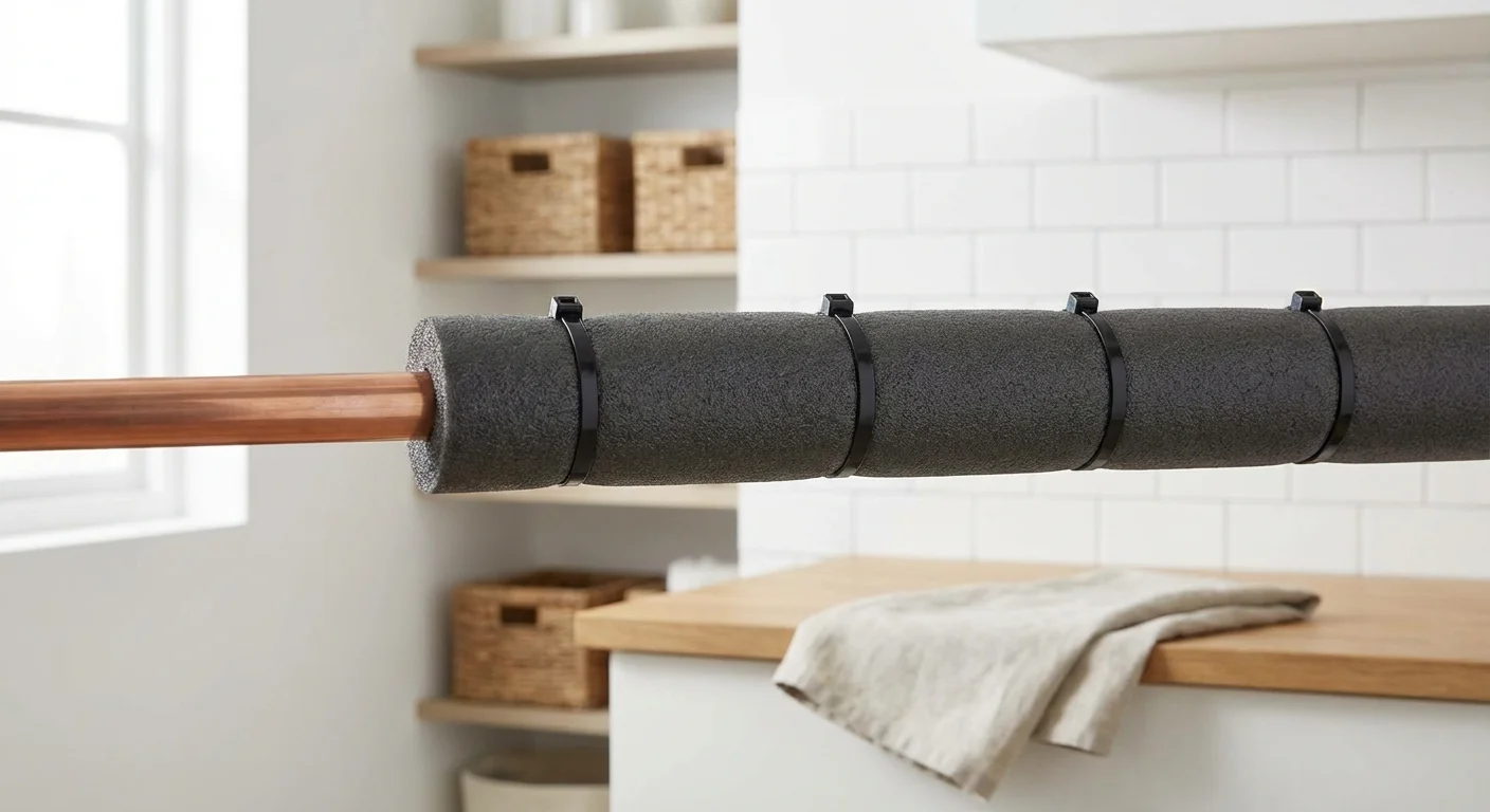 A close-up of a neatly and correctly insulated copper pipe.