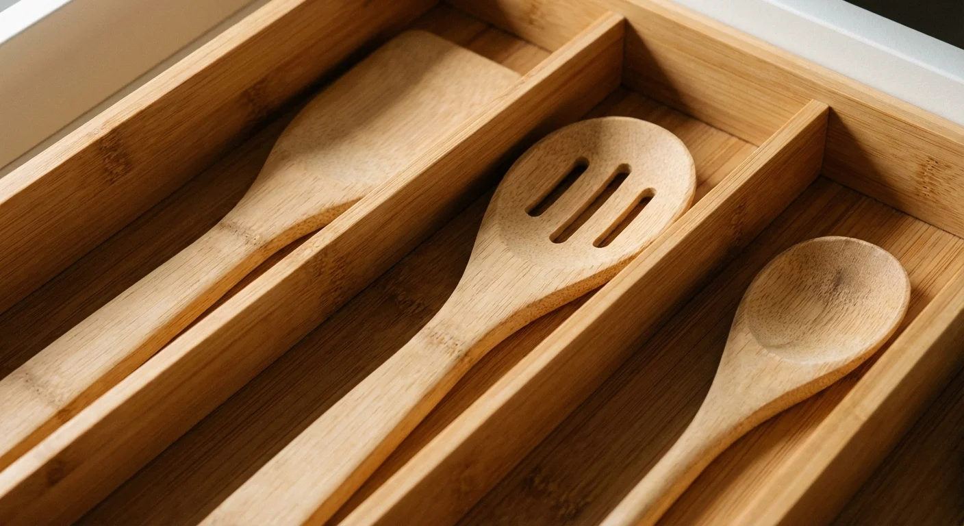 A close-up of a perfectly organized kitchen drawer with bamboo dividers.