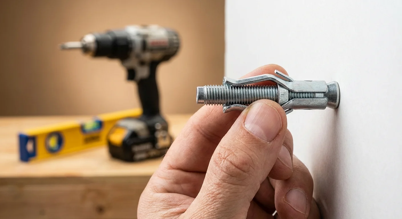 A close-up of a person holding a wall anchor, with a level and drill in the background.