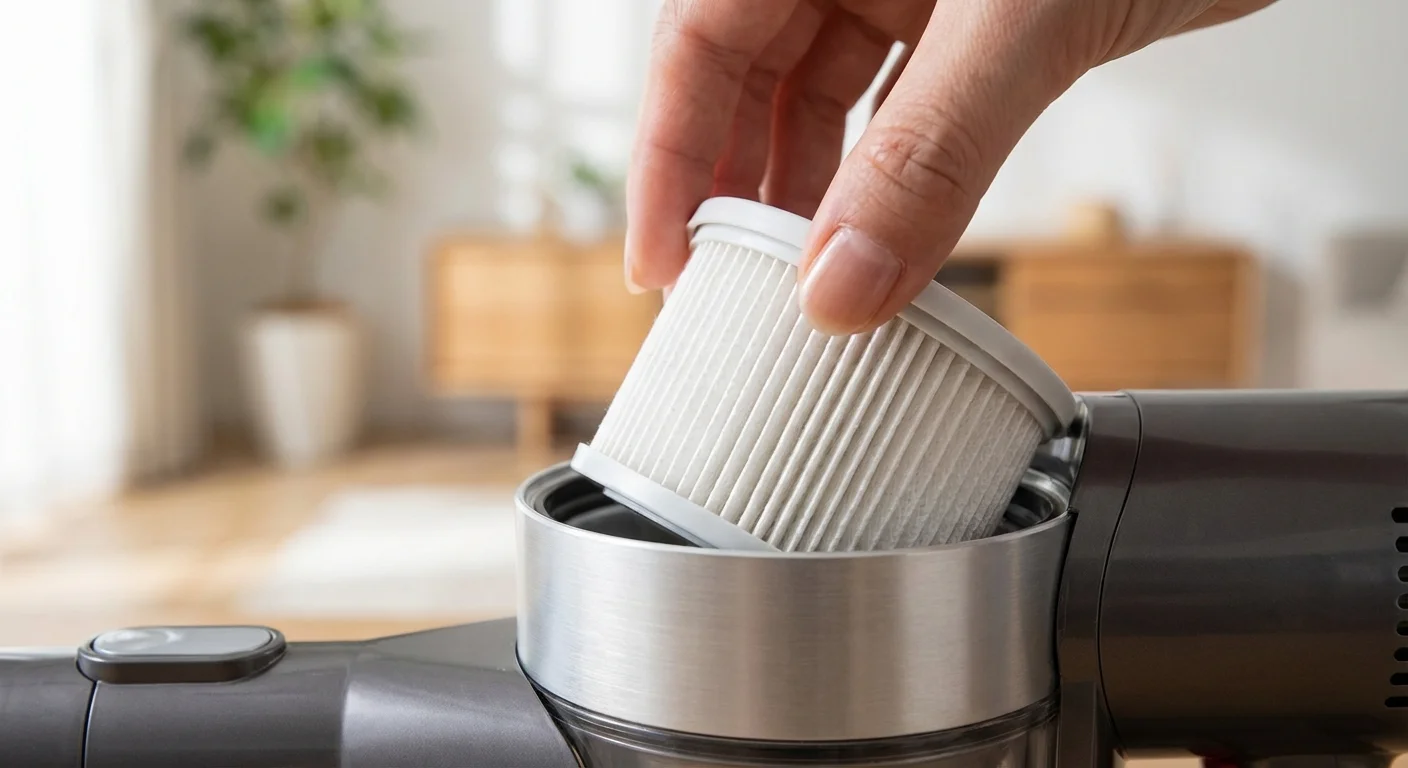 A close-up of a person inspecting a vacuum cleaner's high-efficiency HEPA filter.