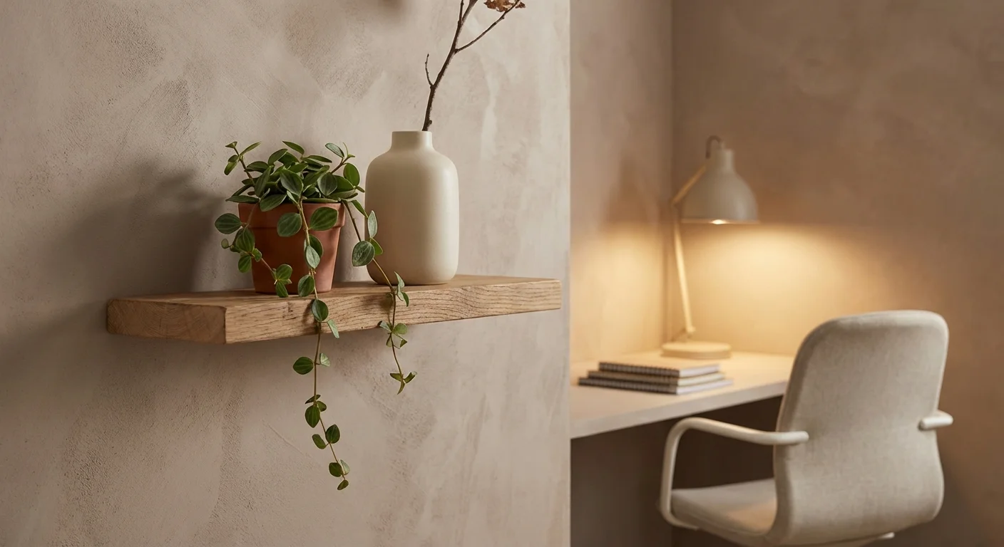 A close-up of a warm taupe wall and wooden shelf in a cozy home office.