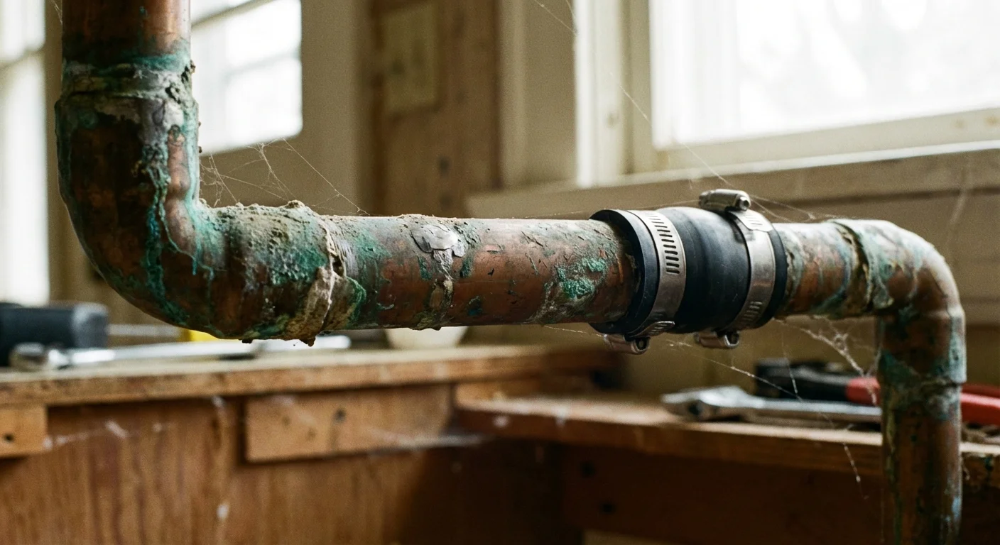 A close-up of an old copper pipe showing signs of age.