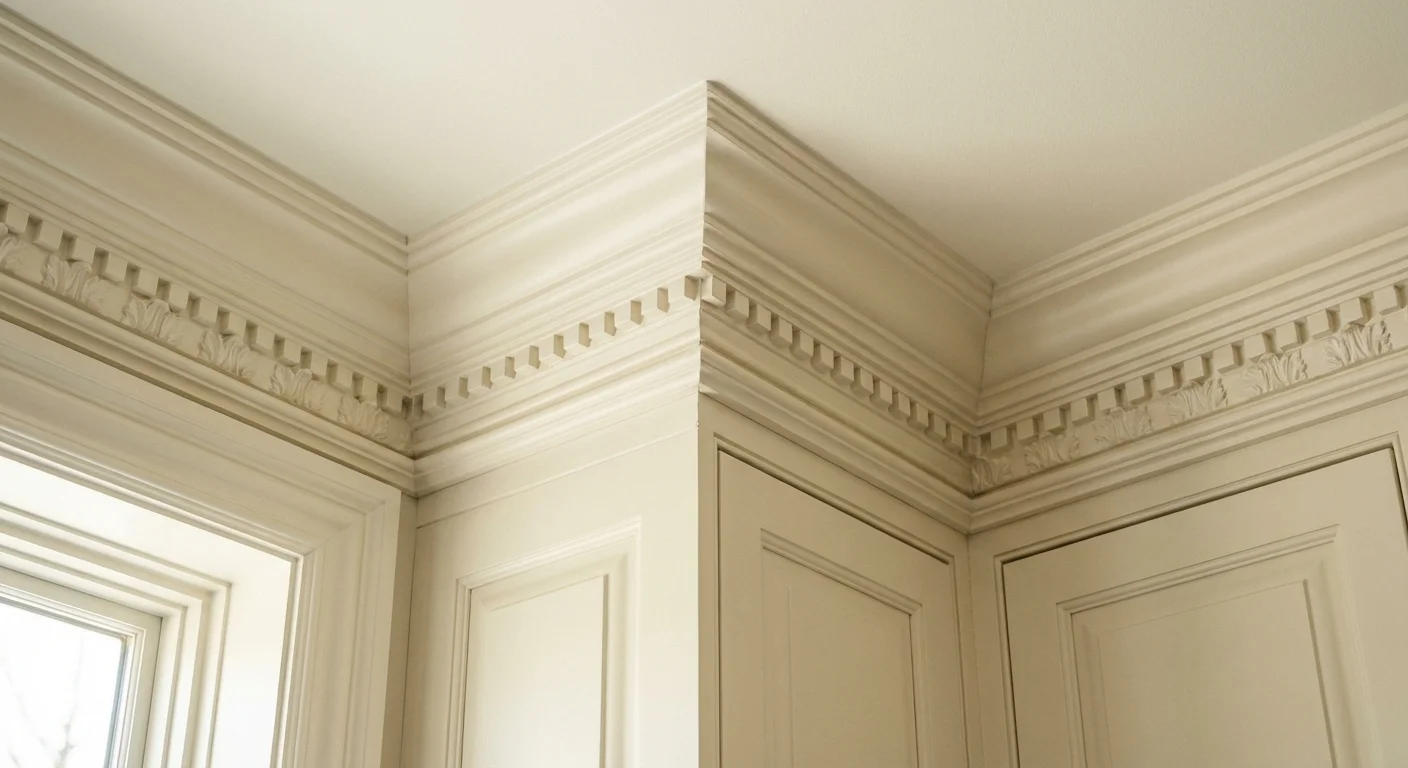 A close-up of decorative crown molding installed at the top of a kitchen cabinet for a custom look.
