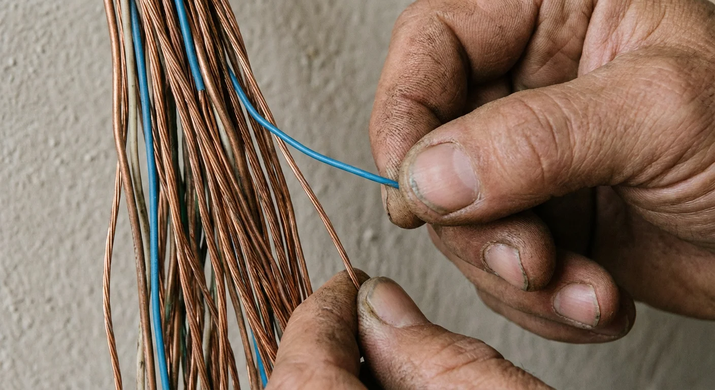 A close-up of hands identifying a blue C-wire in a bundle.