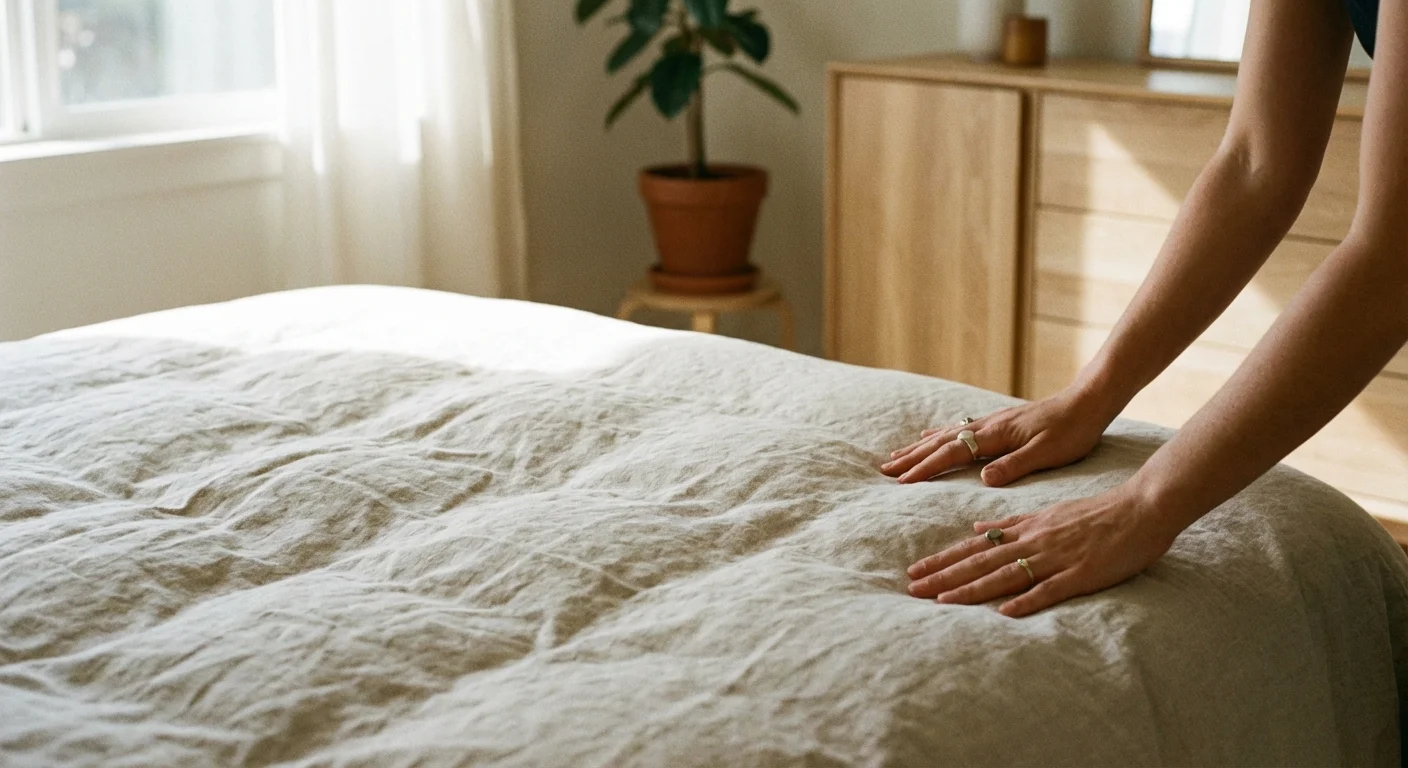A close-up of hands making a bed with linen sheets in a bright, airy bedroom.