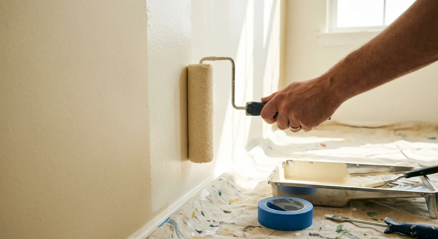 A close-up of someone painting a wall with a roller in a bright room.