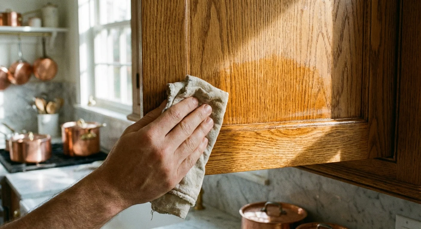 A close-up shot of a hand polishing a wooden cabinet door to a soft, clean luster.