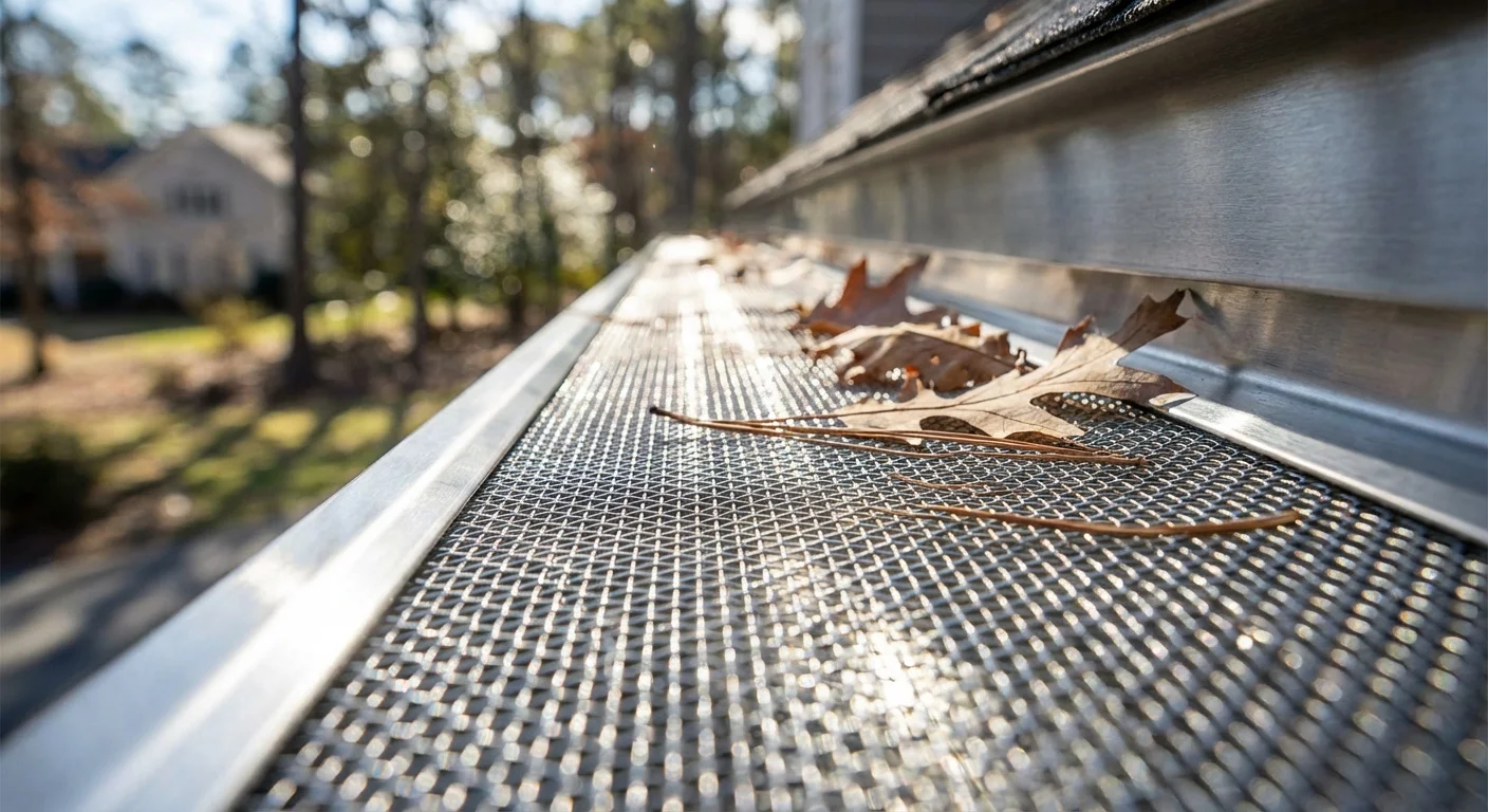 A close-up shot of a stainless steel micro-mesh gutter guard installed on a roof.