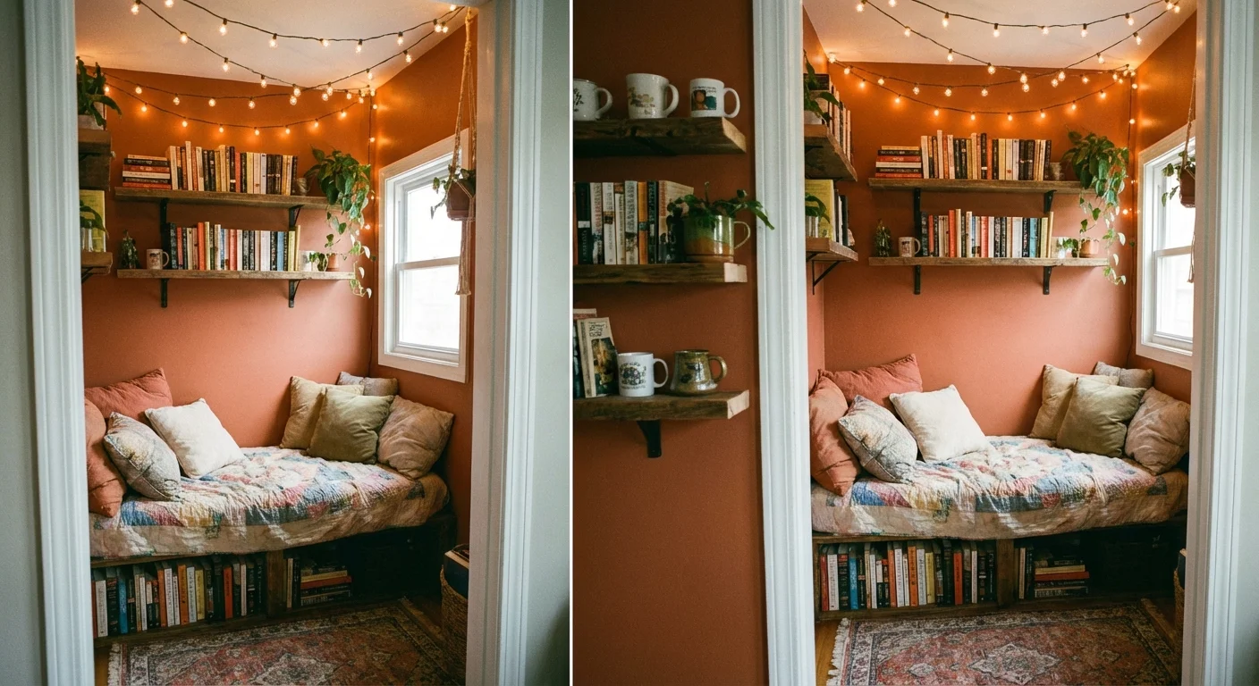 A closet repurposed into a cozy reading nook with a bench and shelves.