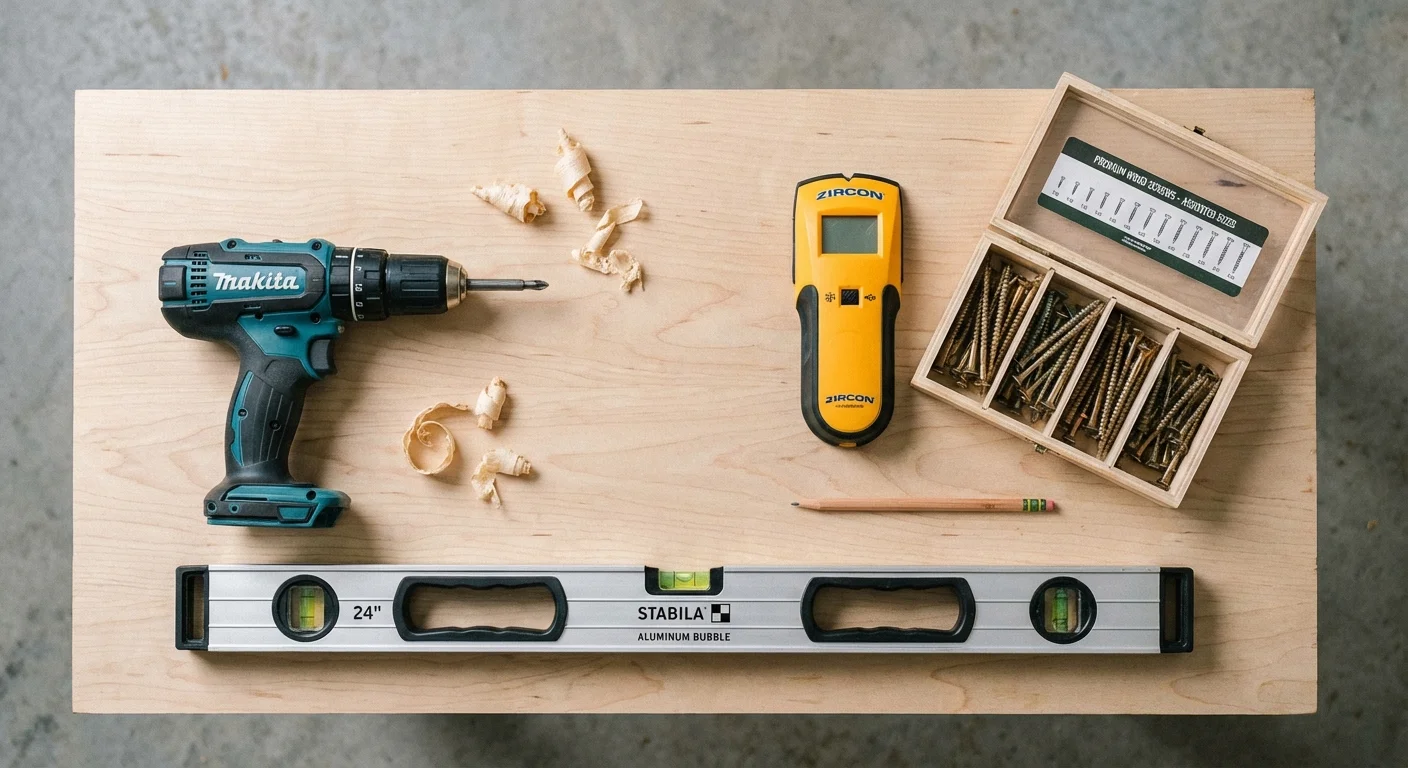 A collection of DIY tools including a drill, level, and stud finder arranged neatly.