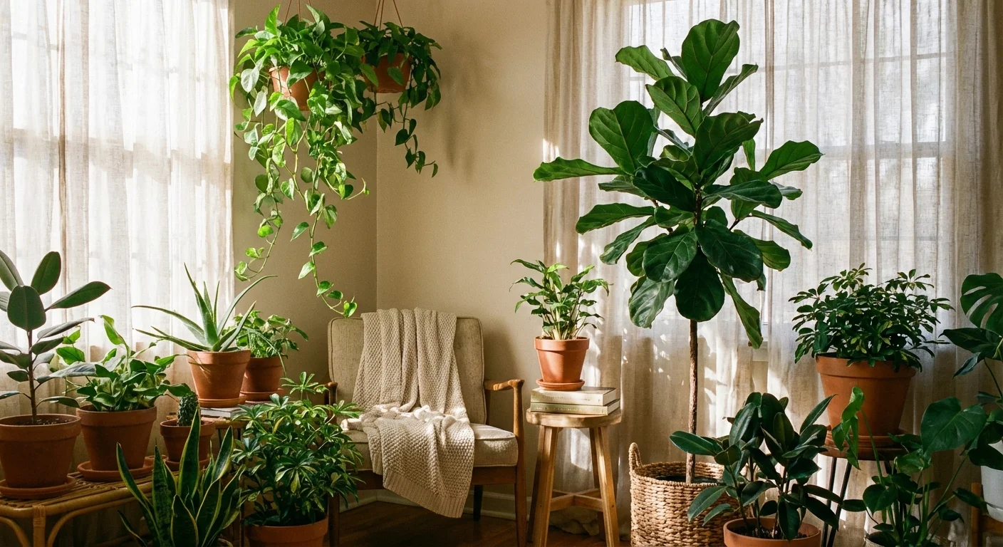 A collection of healthy green indoor plants in a sunlit room corner.