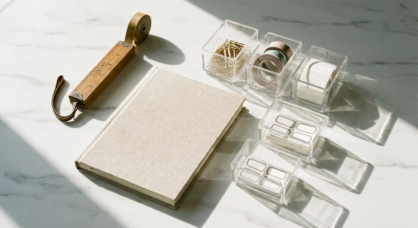 A collection of organization tools including a ruler and storage bins.